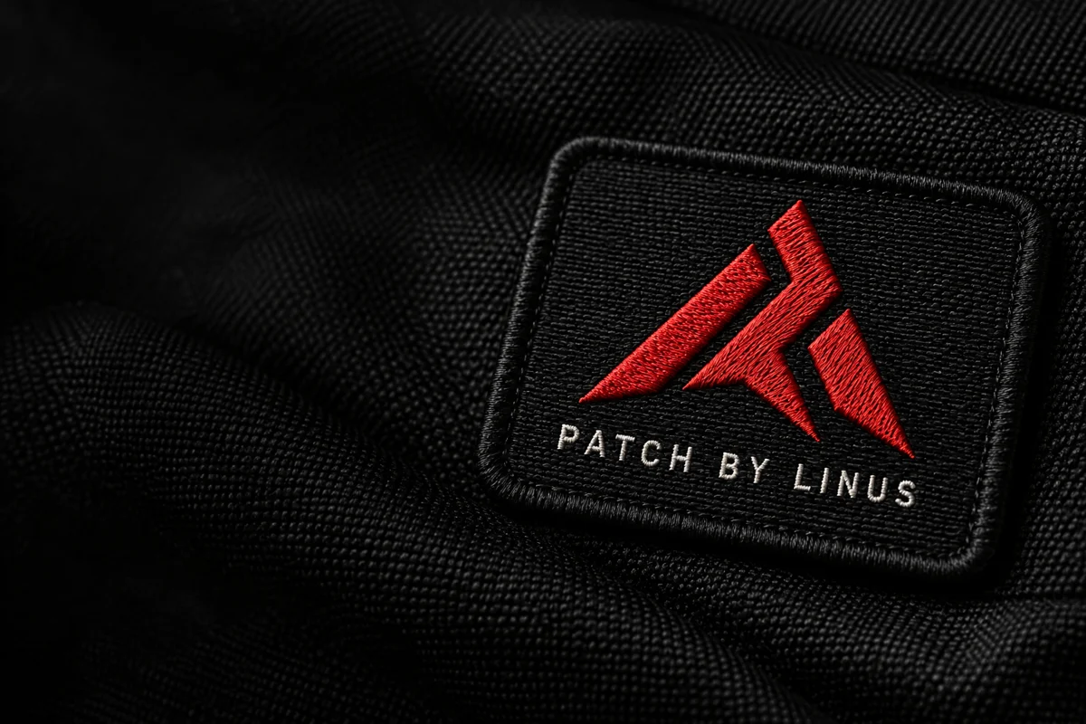Illustratives Muster: schwarzer bestickter Patch mit rotem Motiv auf dunklem Textil